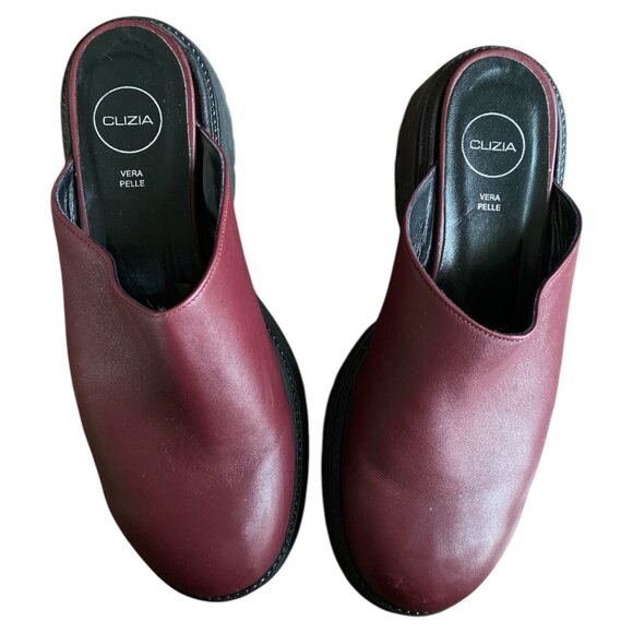Clizia Leather Burgundy "Sierra" Platform Mules Leather Chunky Platform Size 39 - Picture 3 of 9